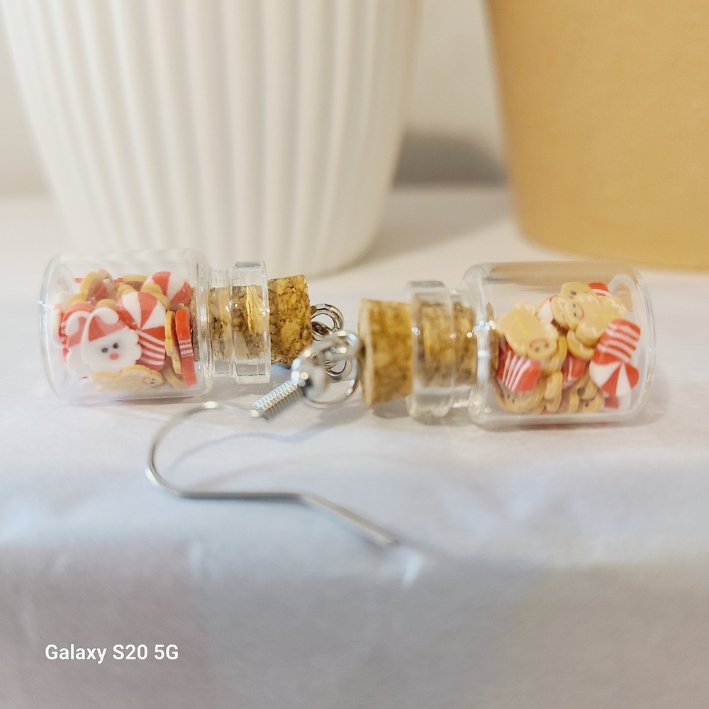 Handmade Tiny Christmas Jar Earrings Santa Candy Cane Bear Charm Dangle Jewelry - Picture 5 of 6